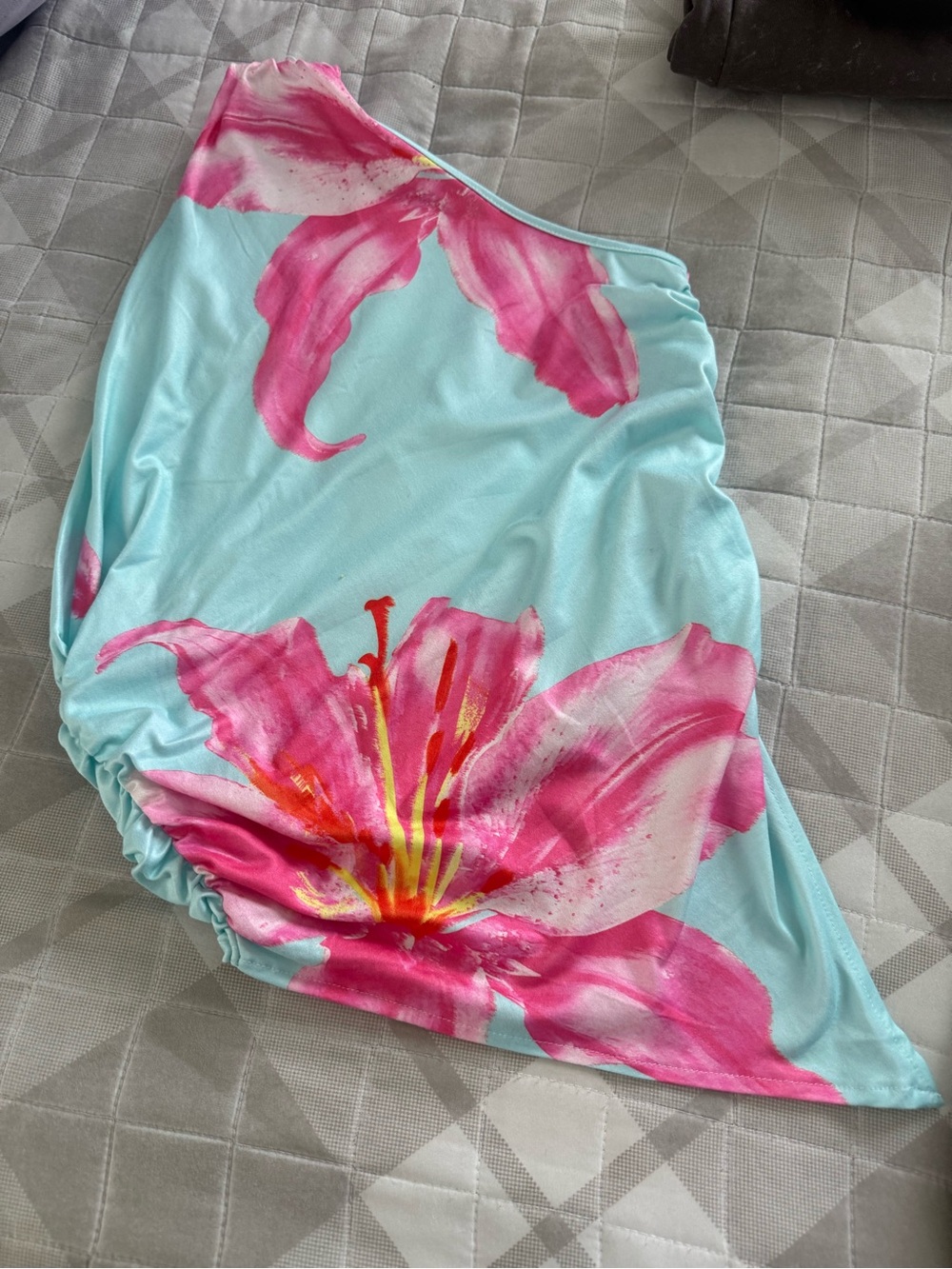 SHEIN Aqua One-Shoulder Tank with Pink Floral Print